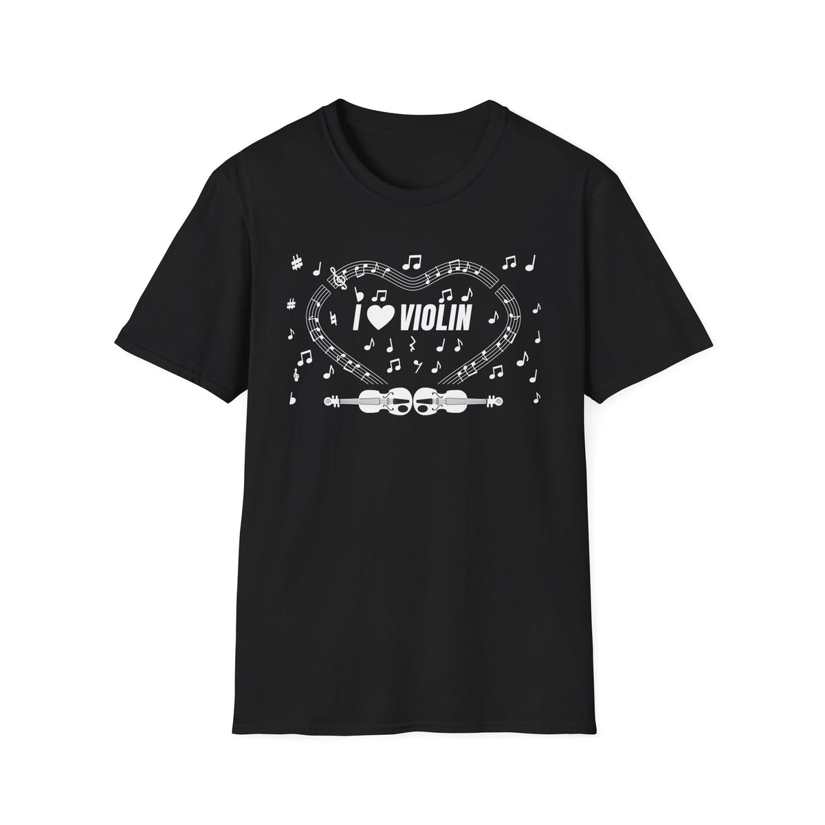 Music-themed Unisex Softstyle T-Shirt: 'I love violin' - black & white