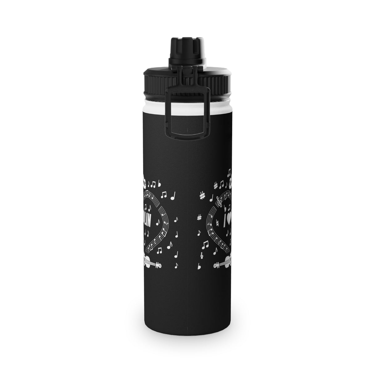 Music-themed Stainless Steel Water Bottle, Sports Lid: 'I love violin' - black & white