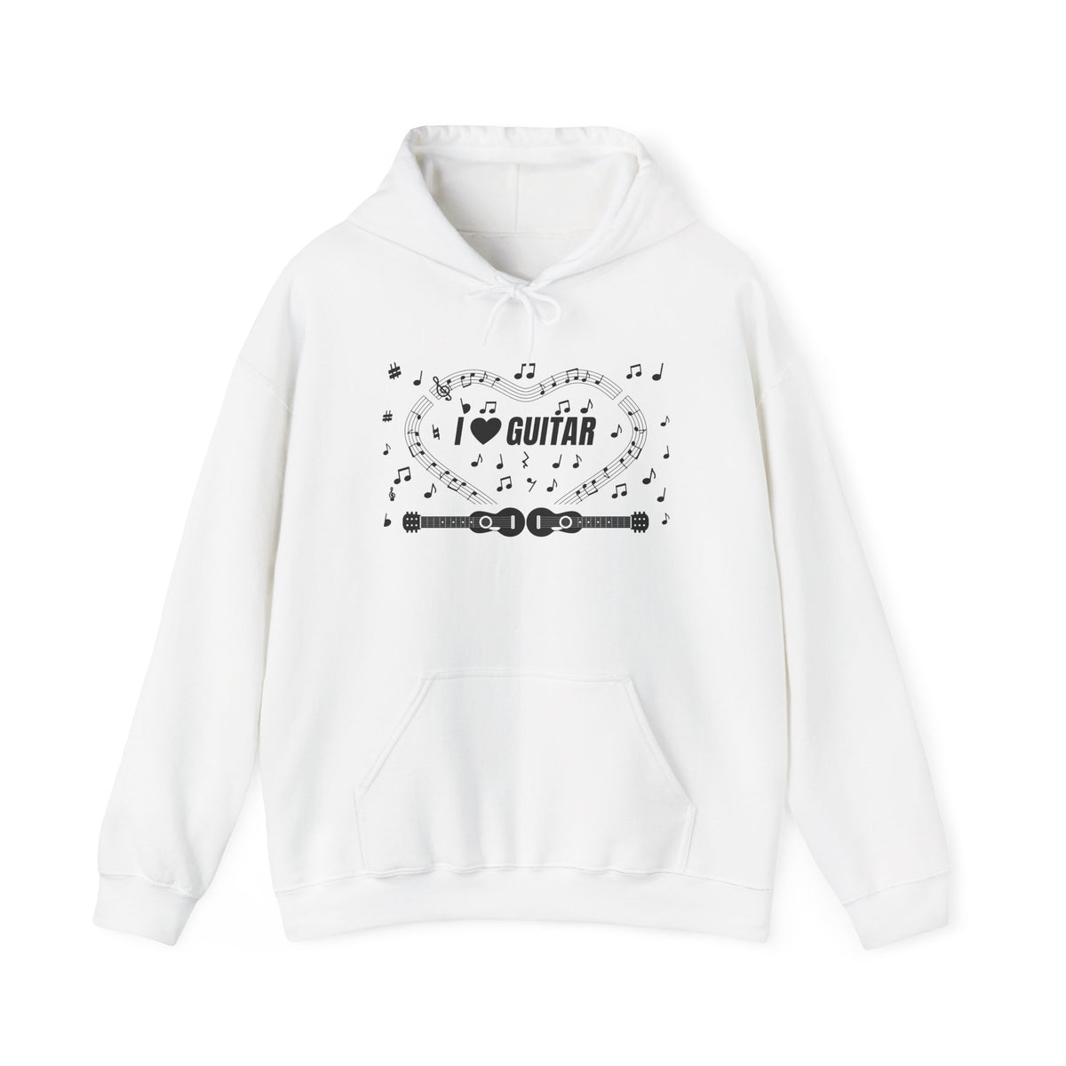Music-themed Unisex Heavy Blend Hooded Sweatshirt: 'I love guitar' - black on white
