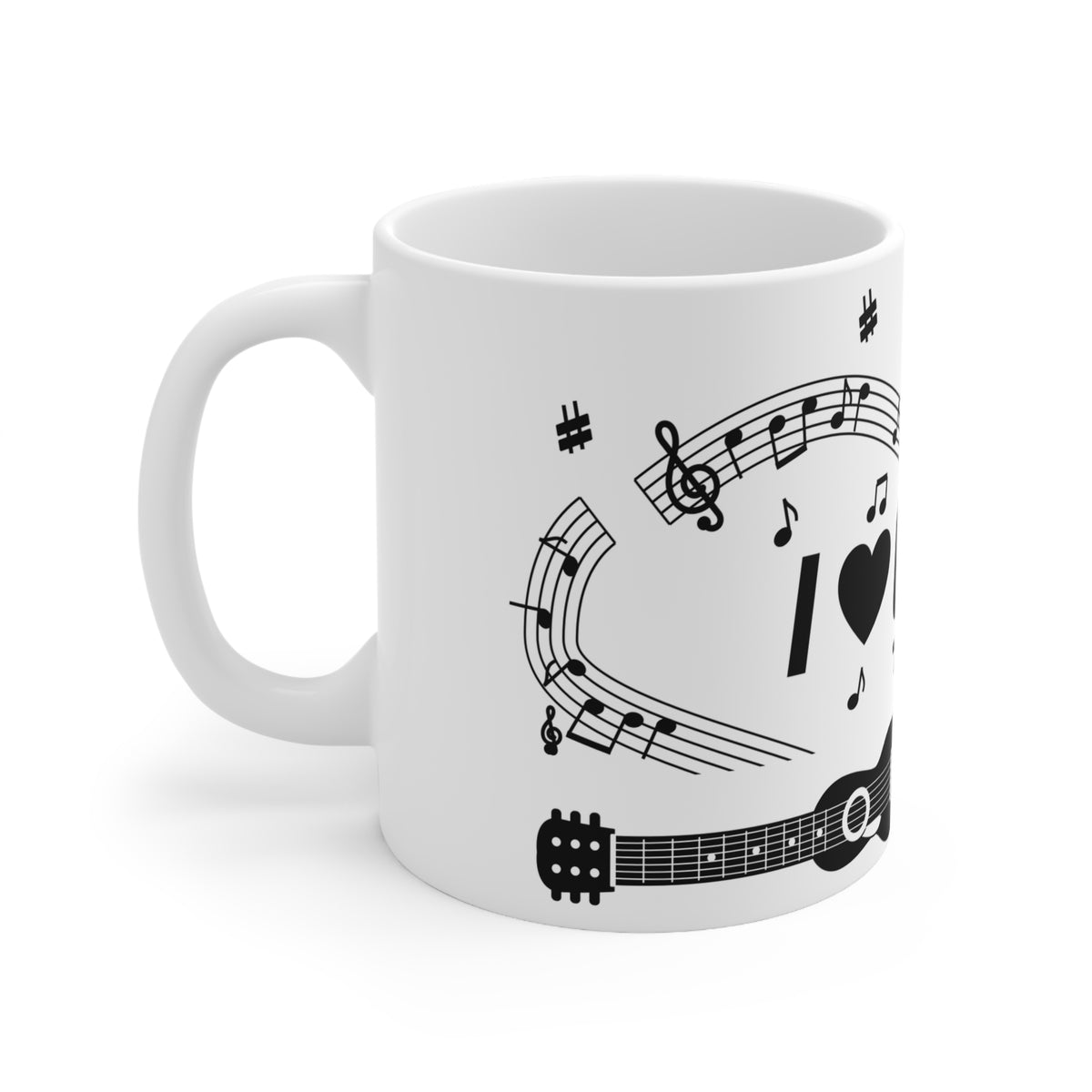Music-themed Ceramic Mug, 11oz, 15oz: 'I love guitar' - black on white