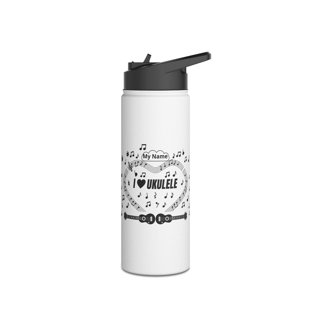 Music-themed Stainless Steel Water Bottle, Standard Lid: 'I love ukulele' - black on white