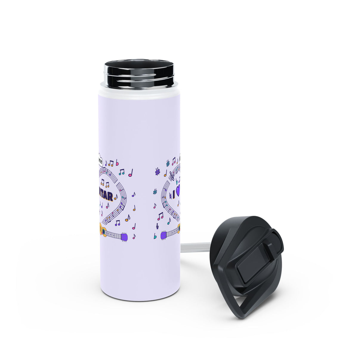 Music-themed Stainless Steel Water Bottle, Standard Lid: 'I love guitar' - violet