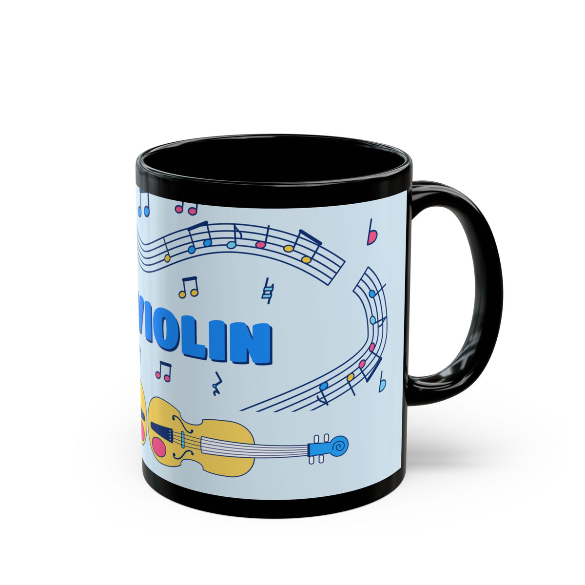 Music-themed Black Mug (11oz, 15oz): 'I love violin' - blue