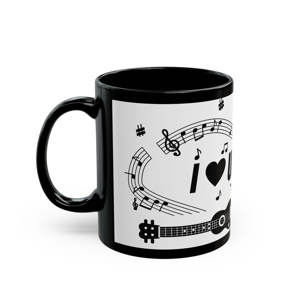 Music-themed Black Mug (11oz, 15oz): 'I love ukulele' - black on white