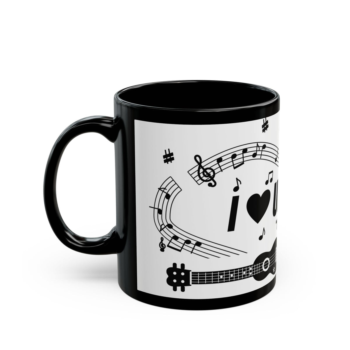 Music-themed Black Mug (11oz, 15oz): 'I love ukulele' - black on white