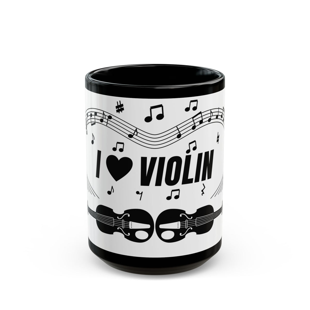 Music-themed Black Mug (11oz, 15oz): 'I love violin' - black on white