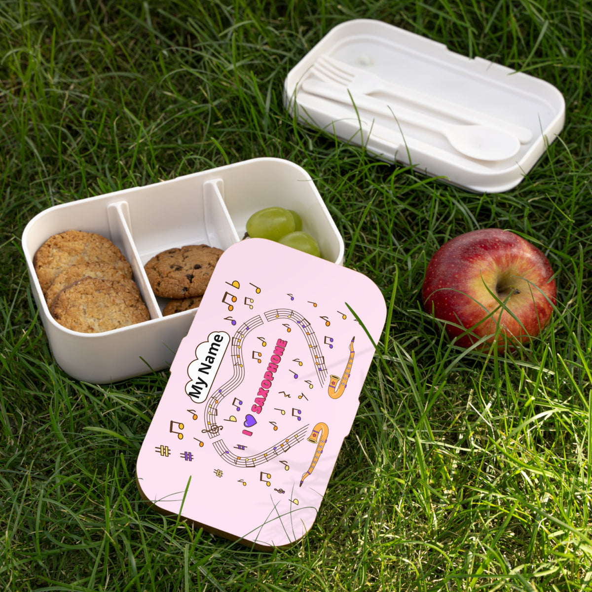 Music-themed Bento Lunch Box: 'I love saxophone' - pink