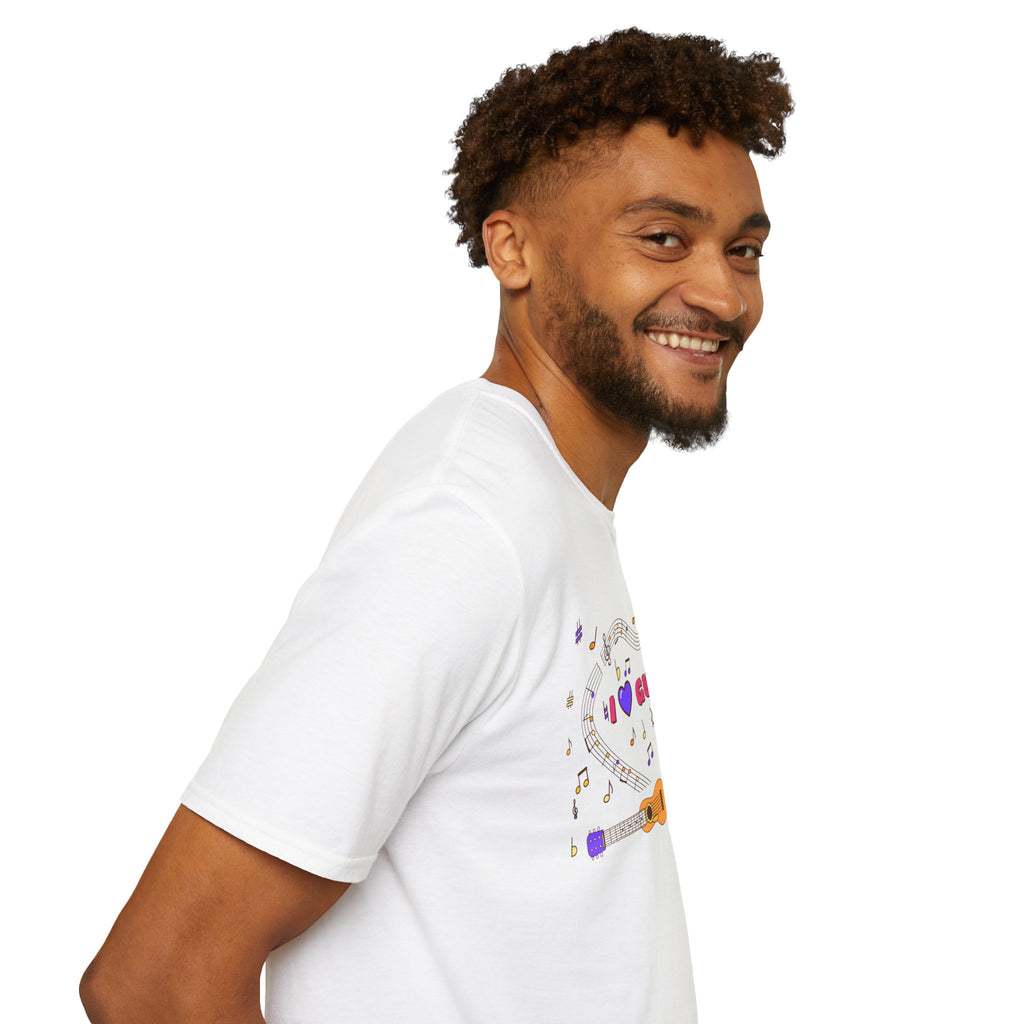 Music-themed Unisex Softstyle T-Shirt: 'I love guitar' - pink