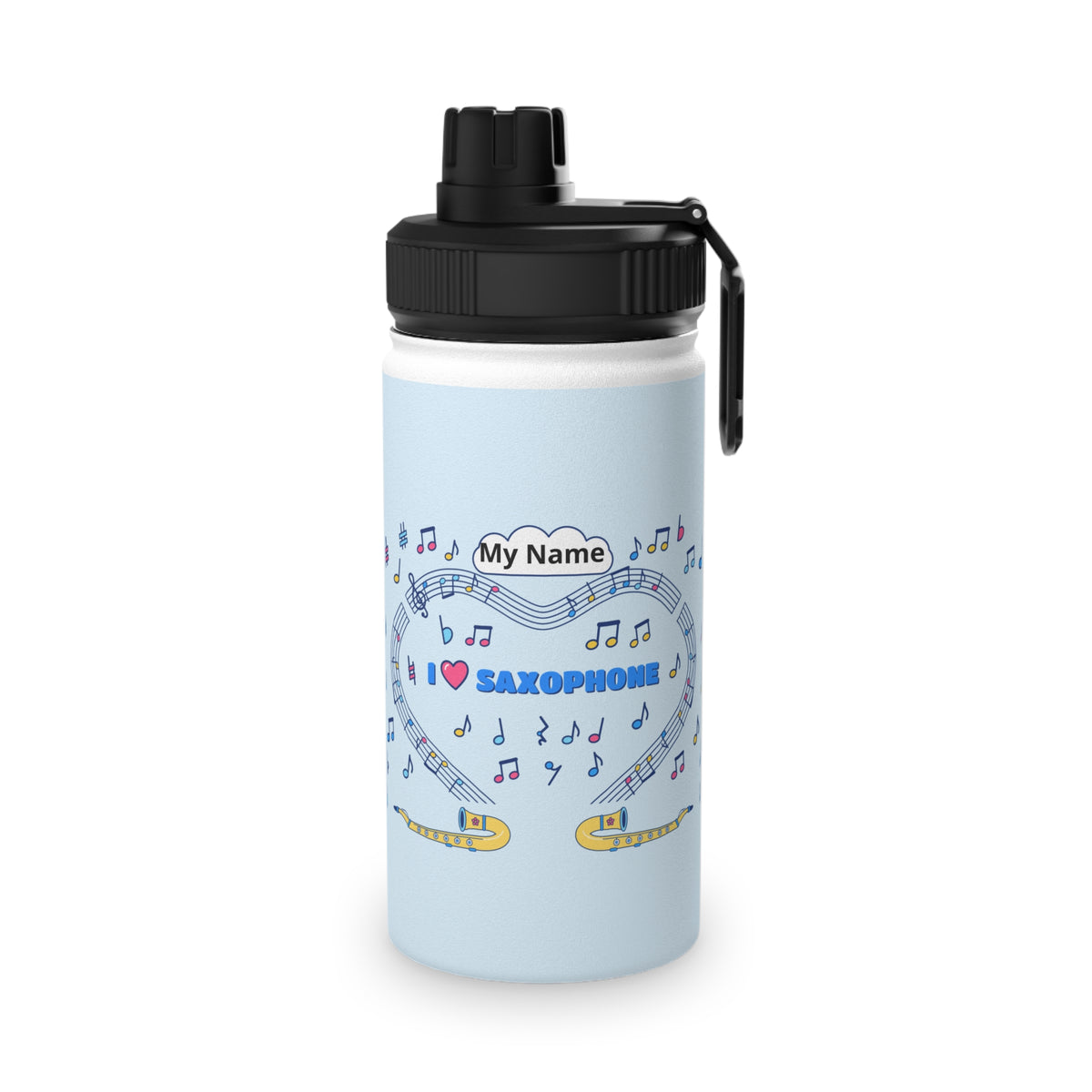 Music-themed Stainless Steel Water Bottle, Sports Lid: 'I love saxophone' - blue