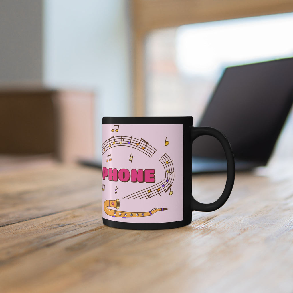 Music-themed Black Mug (11oz, 15oz): 'I love saxophone' - pink