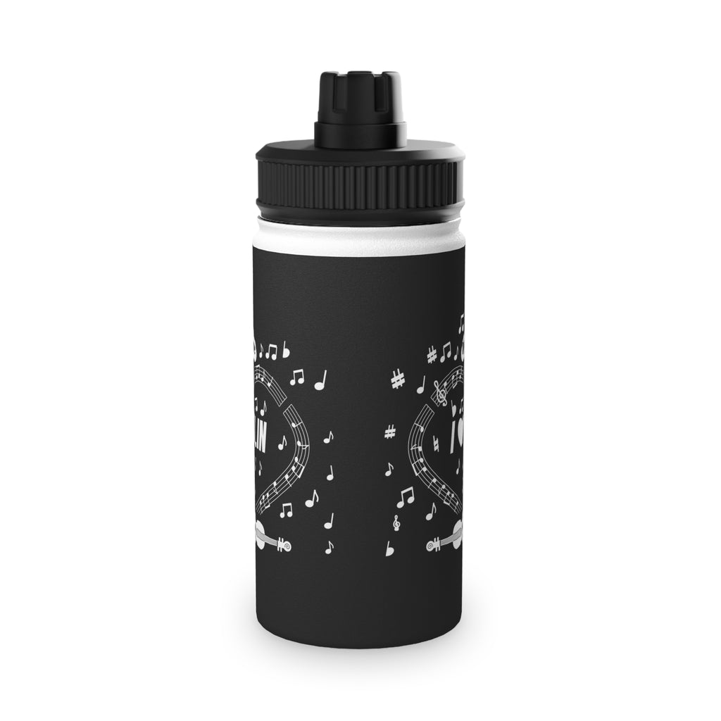Music-themed Stainless Steel Water Bottle, Sports Lid: 'I love violin' - black & white