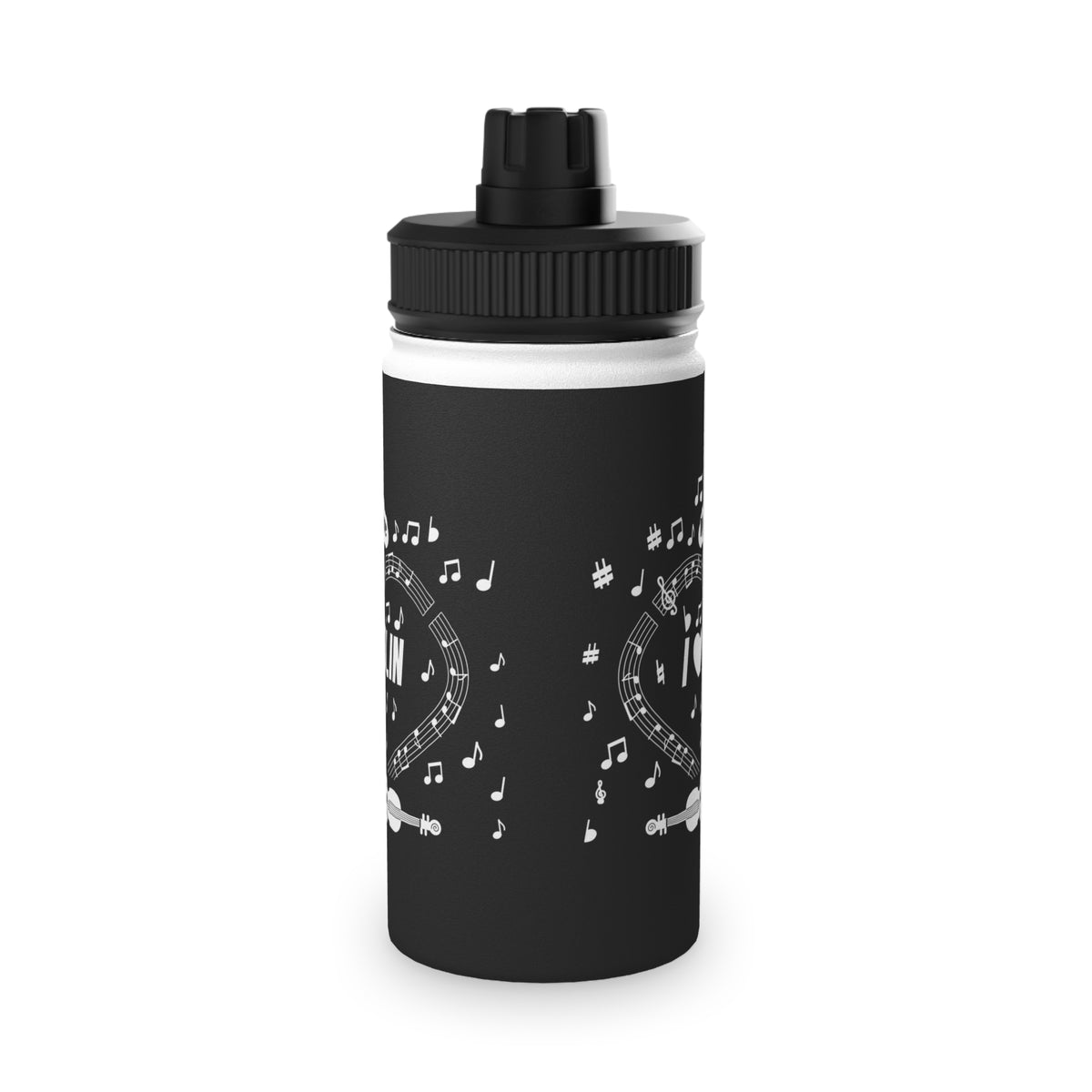 Music-themed Stainless Steel Water Bottle, Sports Lid: 'I love violin' - black & white