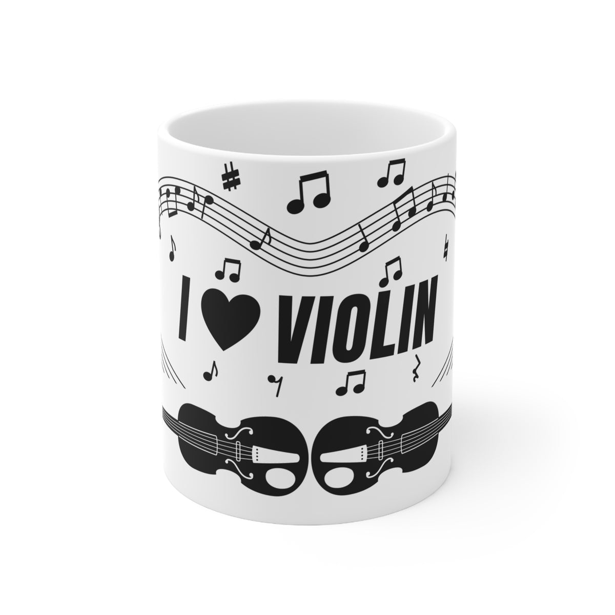Music-themed Ceramic Mug, 11oz, 15oz: 'I love violin' - black on white