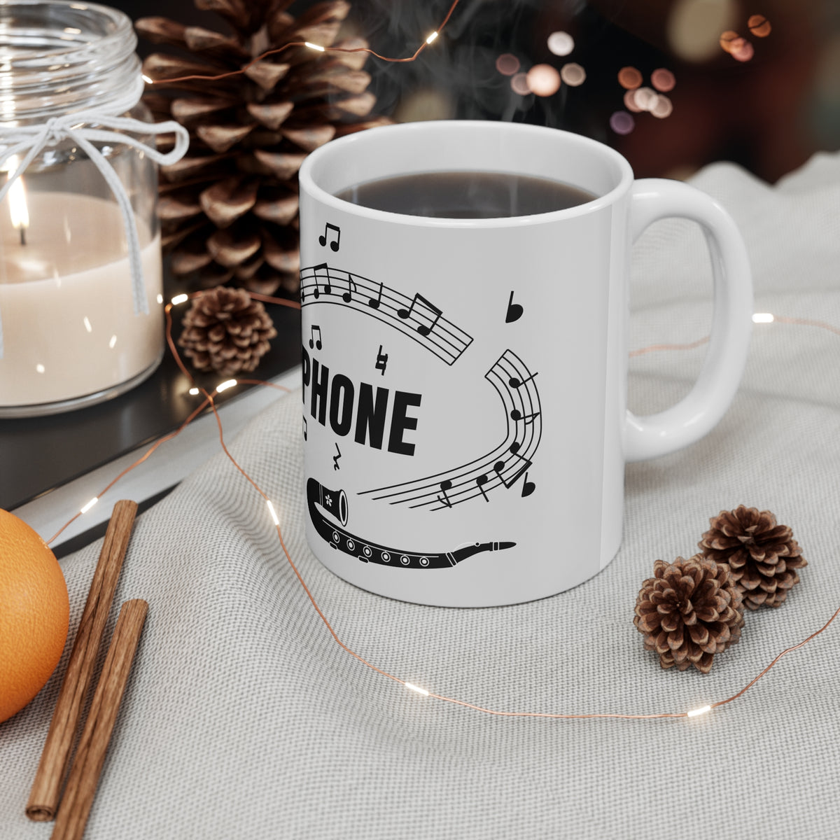 Music-themed Ceramic Mug, 11oz, 15oz: 'I love saxophone' - black on white