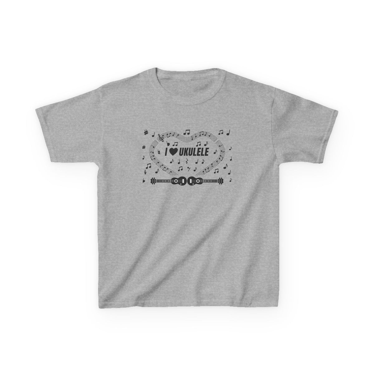 Music-themed Kids Heavy Cotton Tee: 'I love ukulele' - black on white
