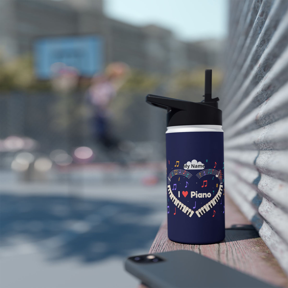 Music-themed Stainless Steel Water Bottle, Standard Lid: 'I love piano' heart - navy