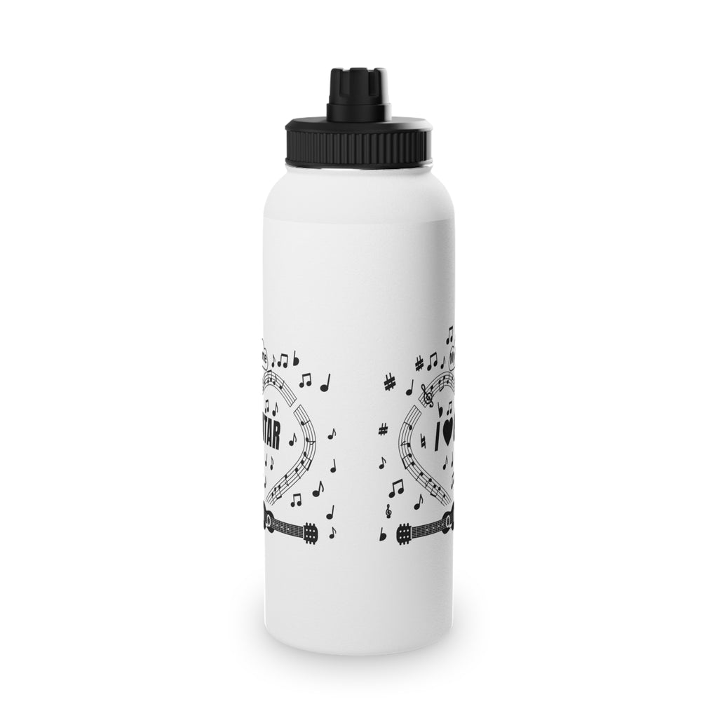 Music-themed Stainless Steel Water Bottle, Sports Lid: 'I love guitar' - black on white