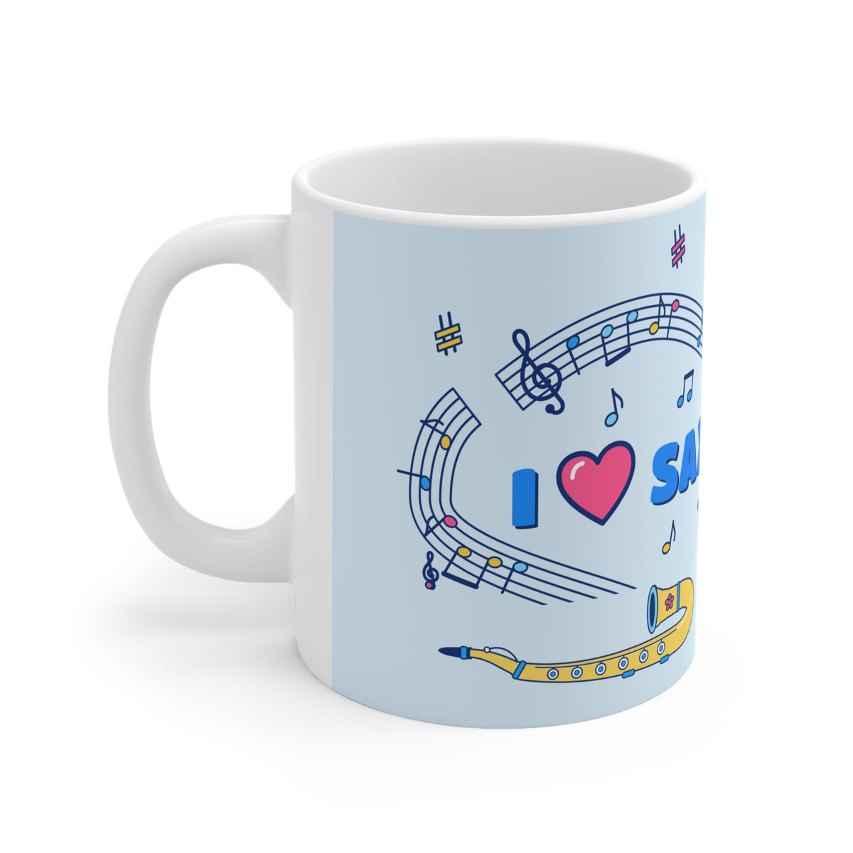 Music-themed Ceramic Mug, 11oz, 15oz: 'I love saxophone' - blue