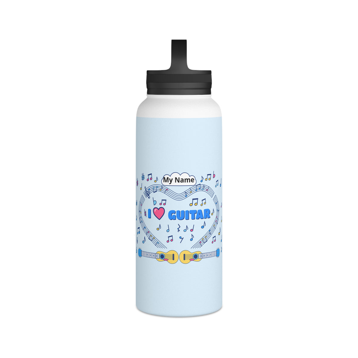 Music-themed Stainless Steel Water Bottle, Handle Lid: 'I love guitar' - blue