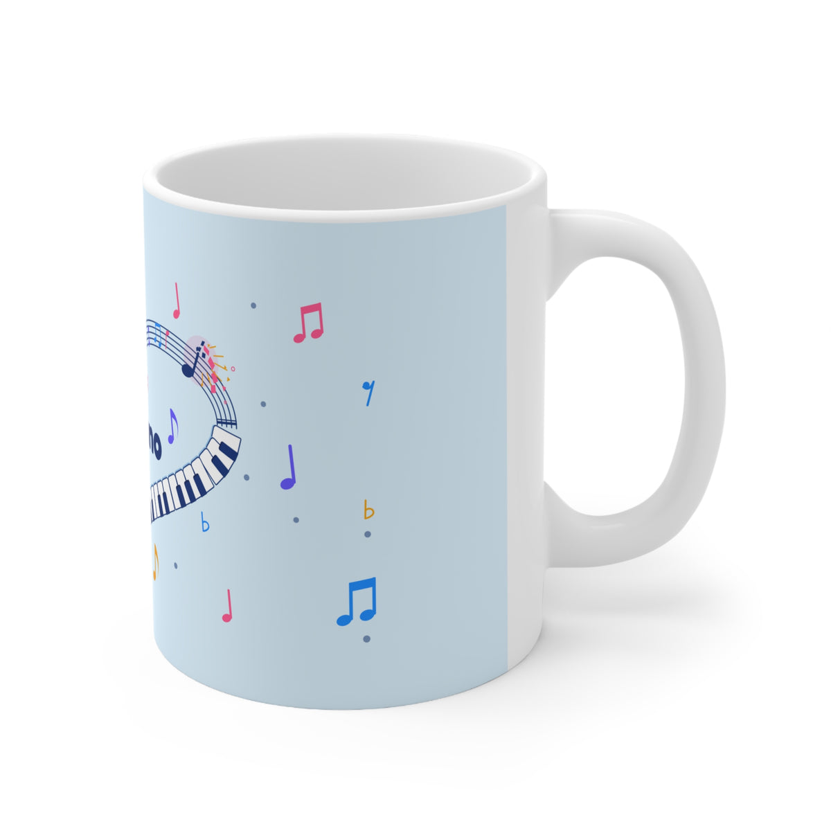 Music-themed Ceramic Mug, 11oz, 15oz: 'I love piano' heart - blue