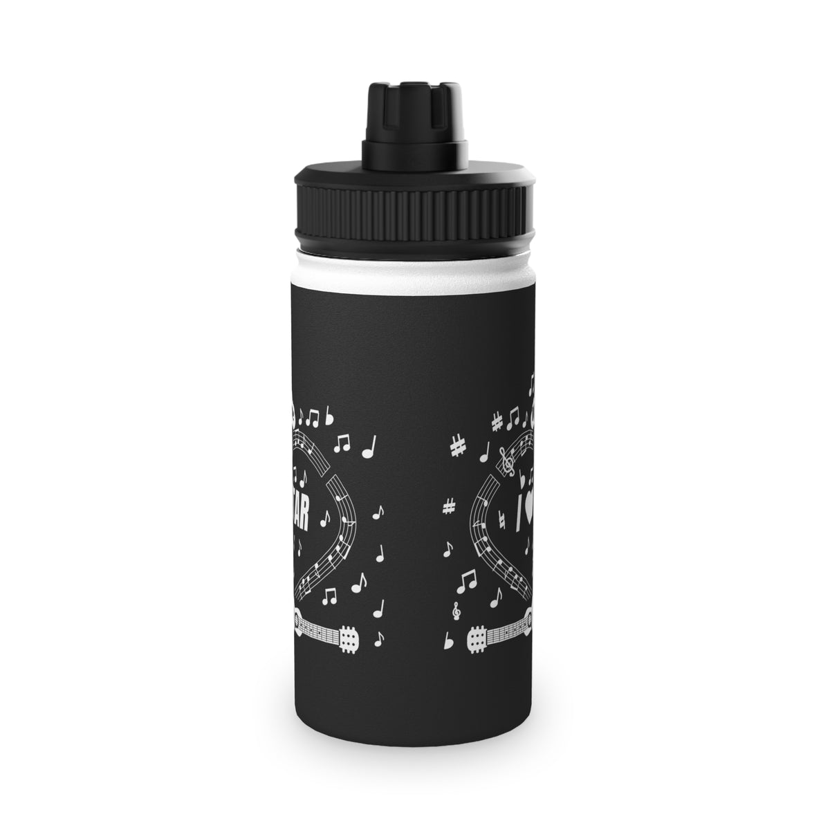 Music-themed Stainless Steel Water Bottle, Sports Lid: 'I love guitar' - black & white