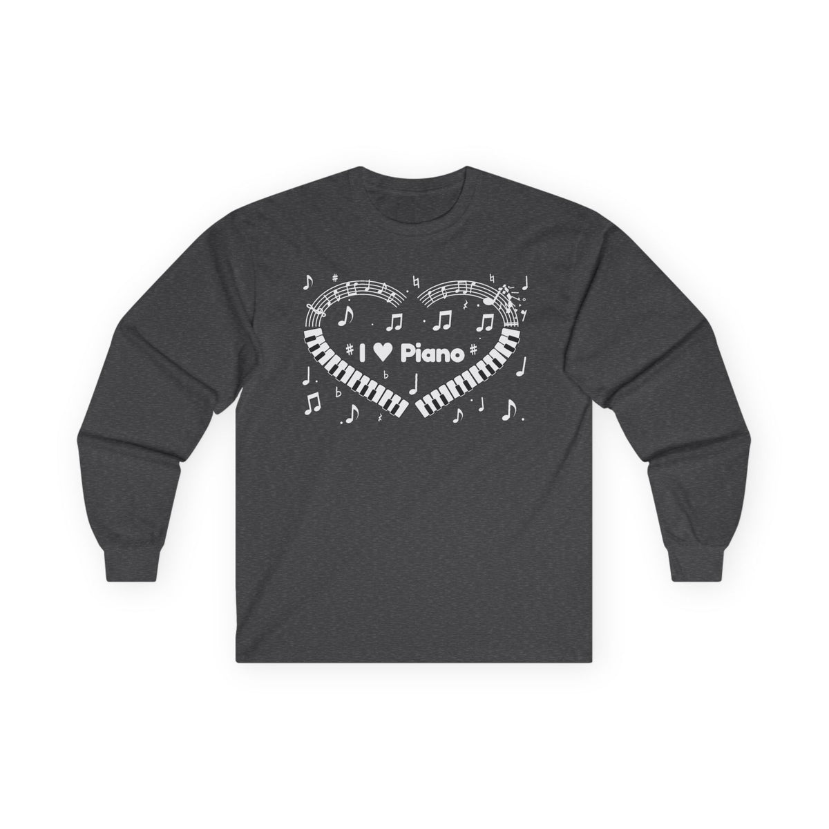 Music-themed Unisex Ultra Cotton Long Sleeve Tee: 'I love piano' heart - black & white