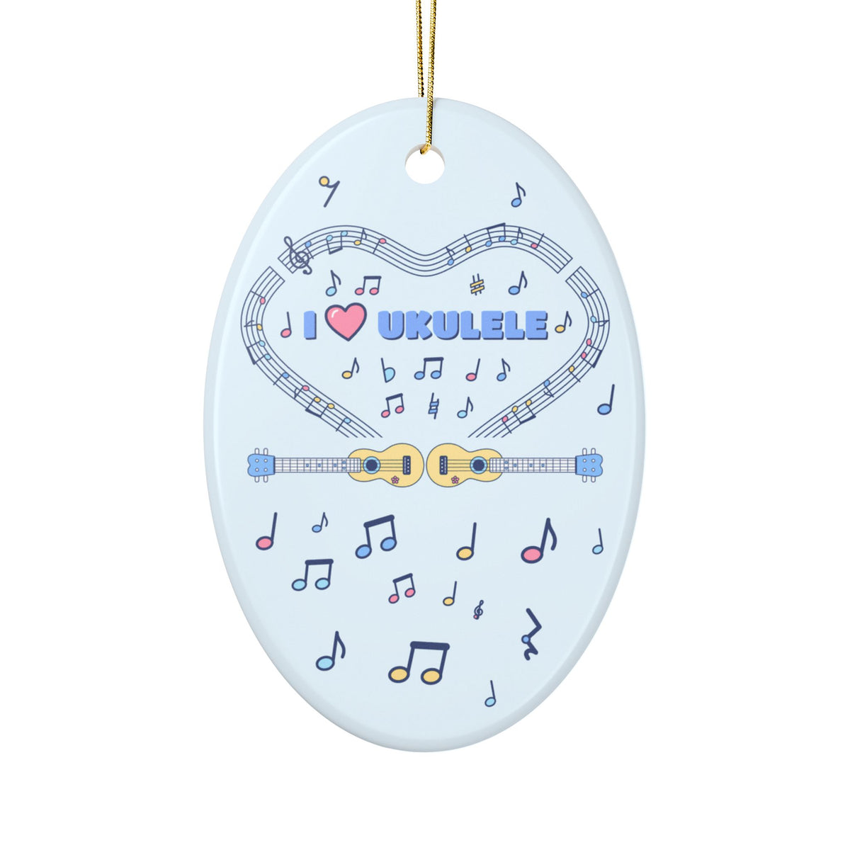 Music-themed Ceramic Ornaments, 1-Side Print: 'I love ukulele' - blue