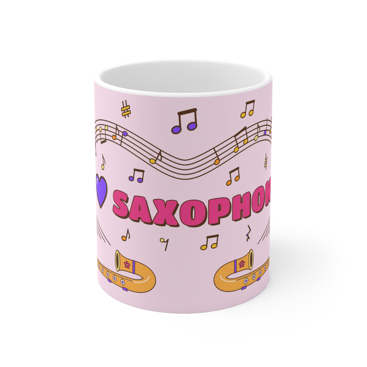Music-themed Ceramic Mug, 11oz, 15oz: 'I love saxophone' - pink