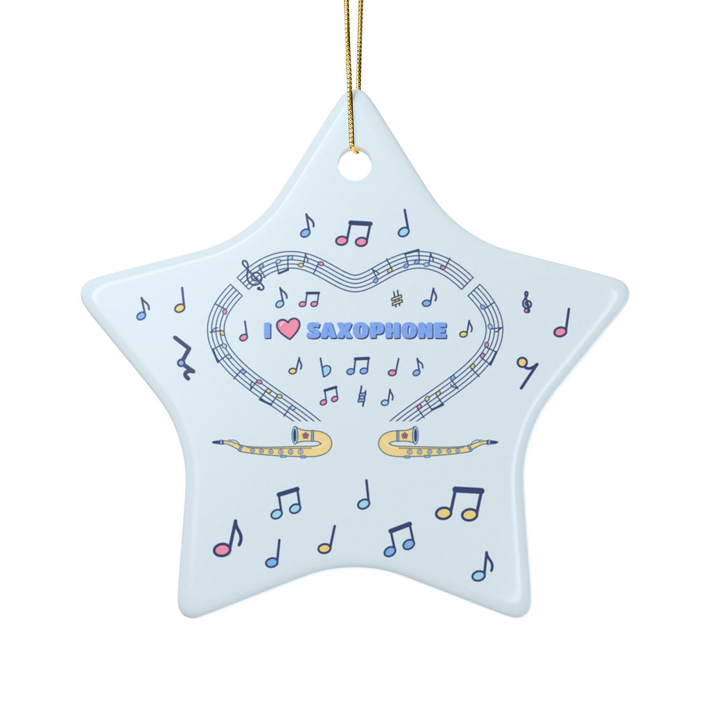 Music-themed Ceramic Ornaments, 2-Side Print: 'I love saxophone' - blue