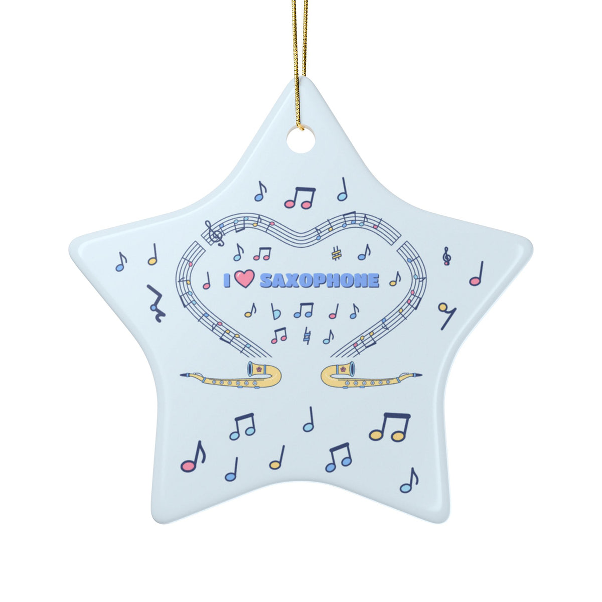Music-themed Ceramic Ornaments, 2-Side Print: 'I love saxophone' - blue