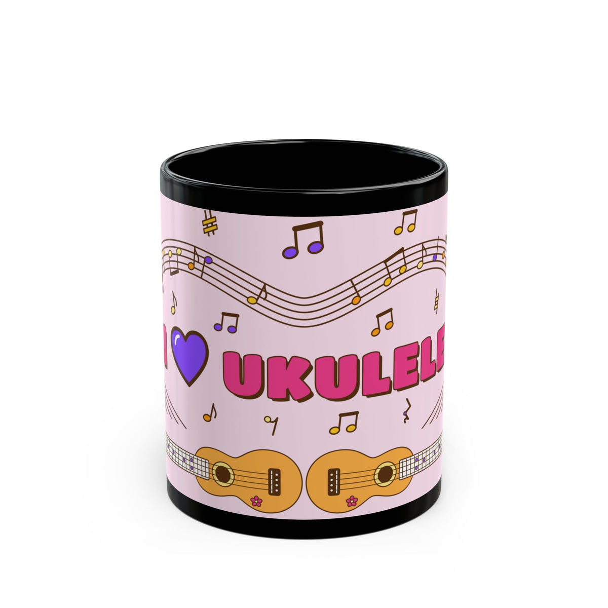 Music-themed Black Mug (11oz, 15oz): 'I love ukulele' - pink