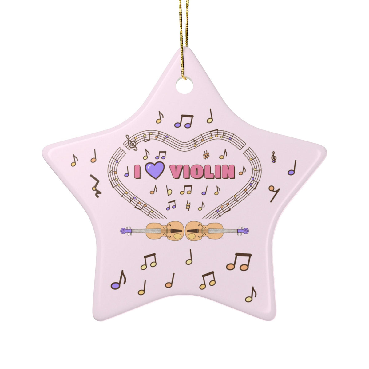 Music-themed Ceramic Ornaments, 2-Side Print: 'I love violin' - pink
