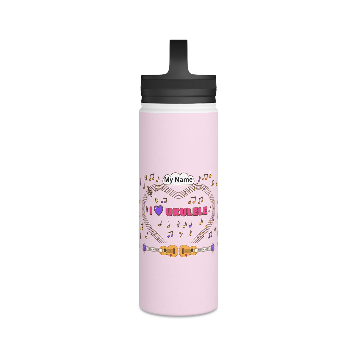 Music-themed Stainless Steel Water Bottle, Handle Lid: 'I love ukulele' - pink