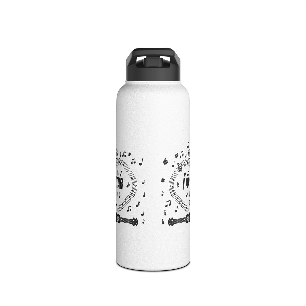 Music-themed Stainless Steel Water Bottle, Standard Lid: 'I love guitar' - black on white