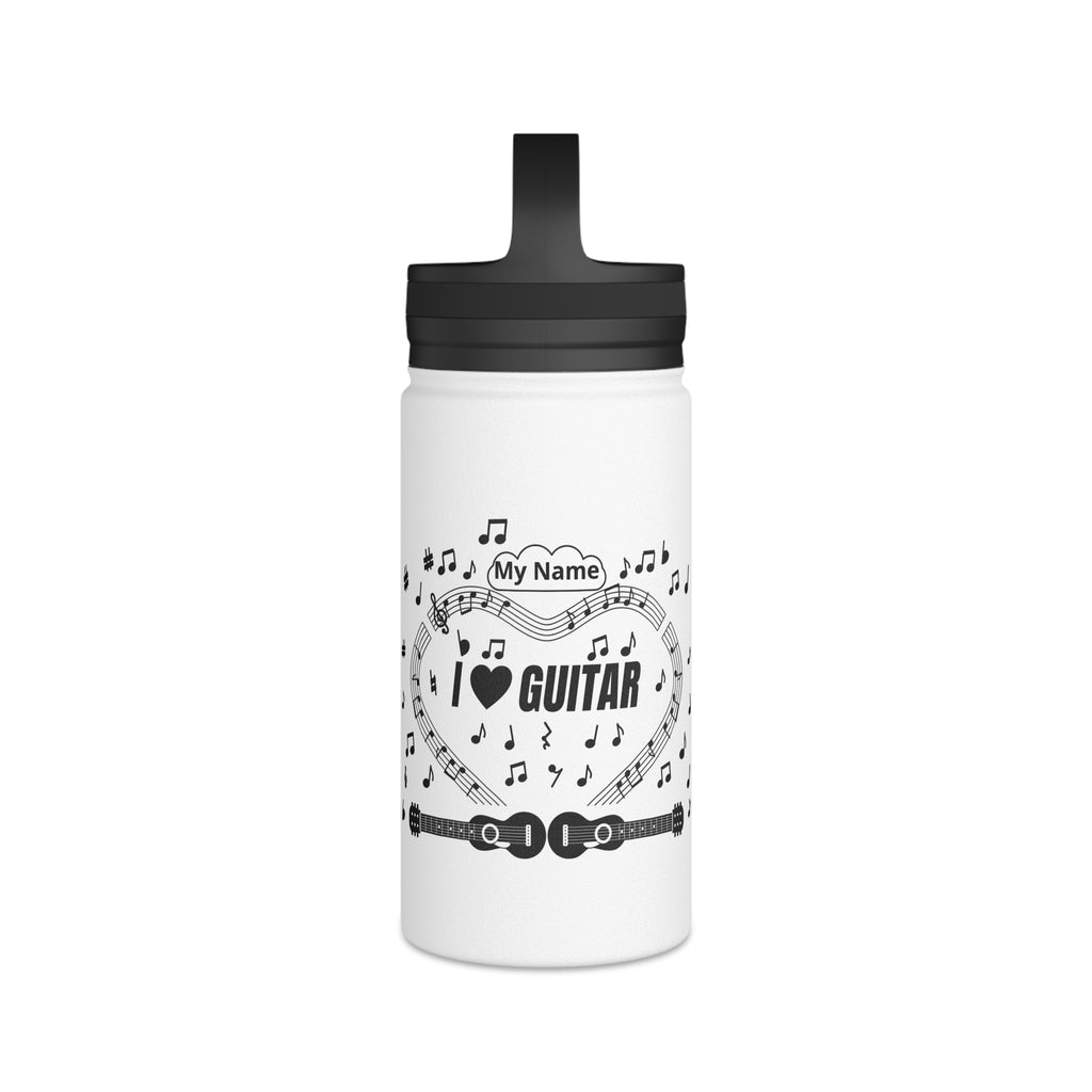 Music-themed Stainless Steel Water Bottle, Handle Lid: 'I love guitar' - black on white