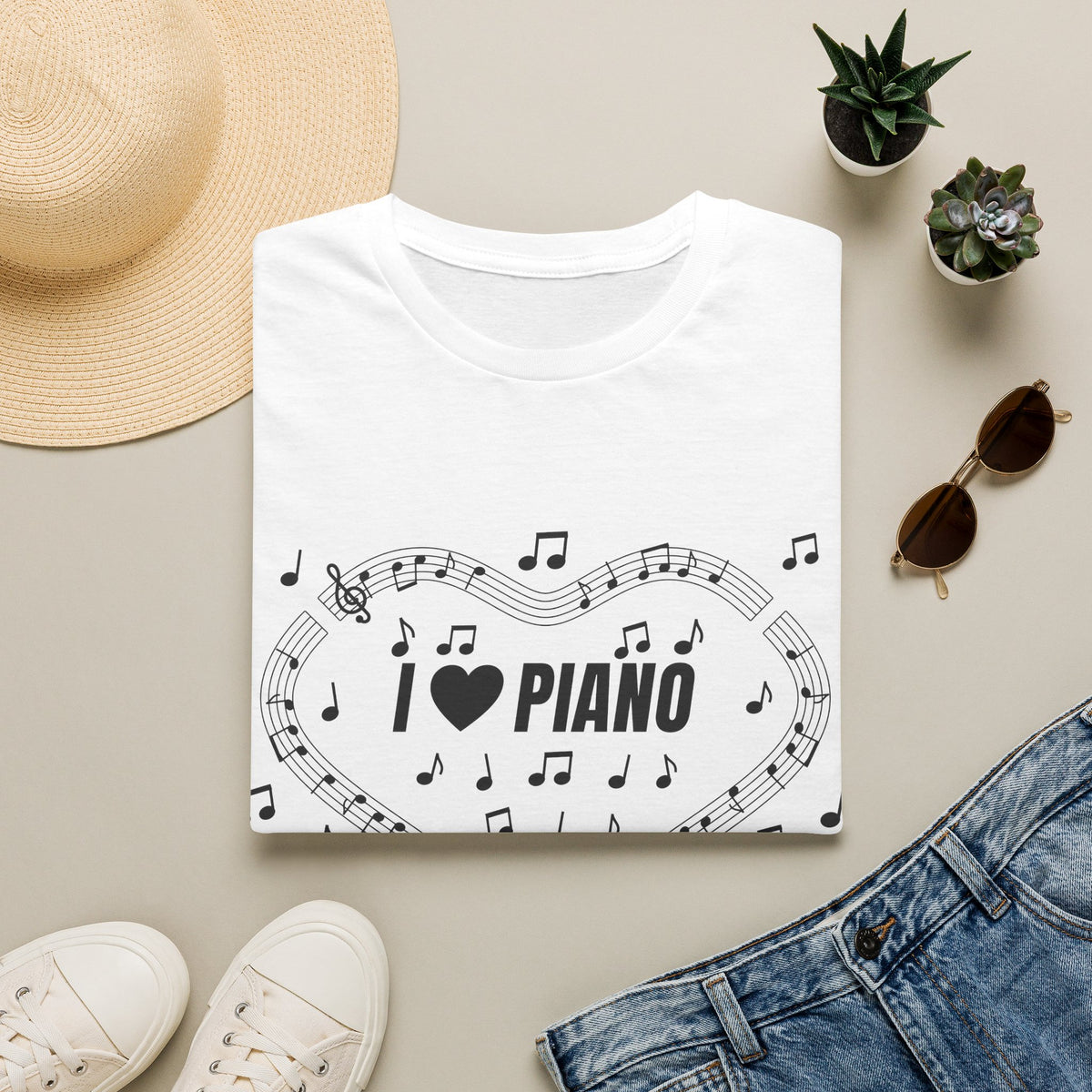 Music-themed Unisex Softstyle T-Shirt: 'I love piano' - black on white