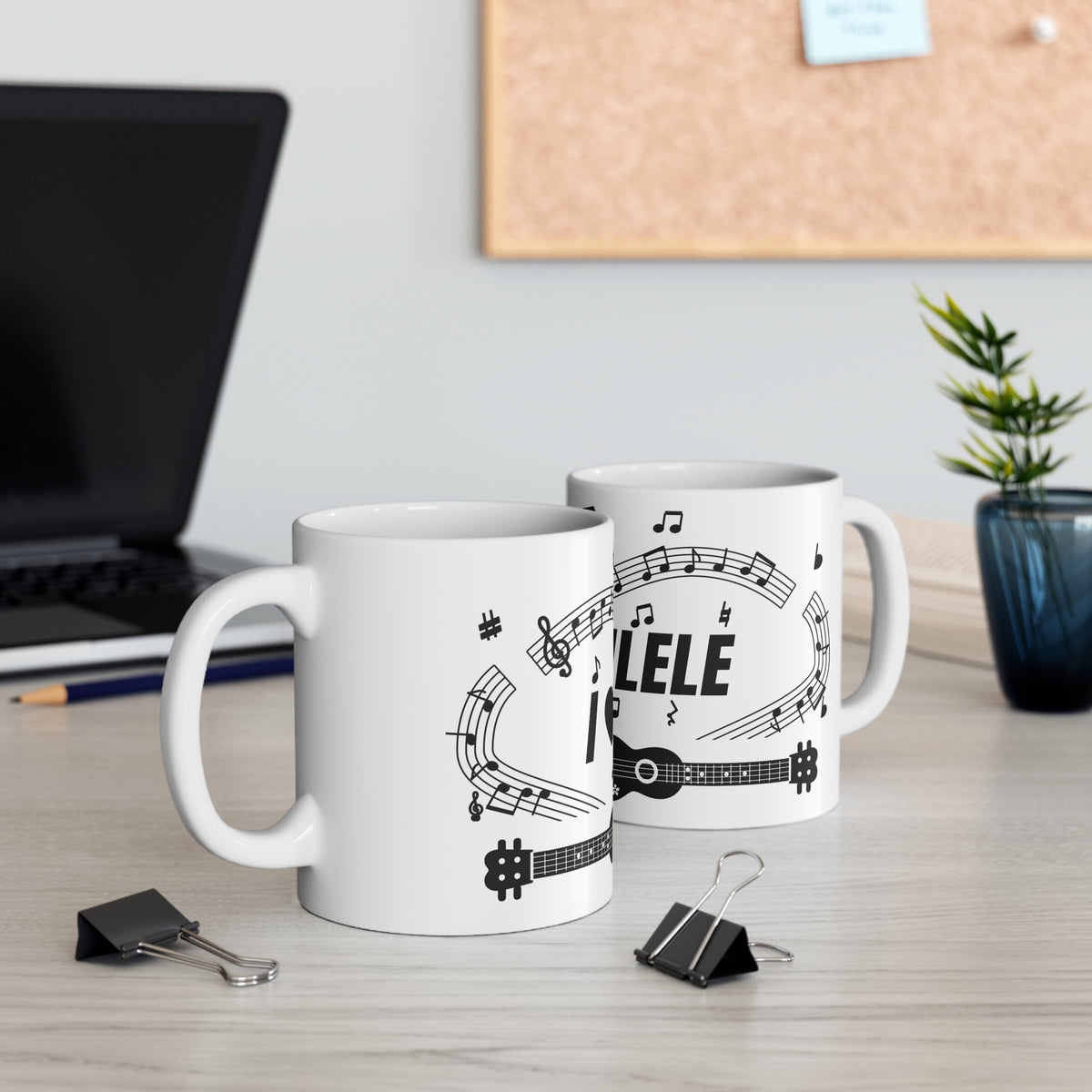Music-themed Ceramic Mug, 11oz, 15oz: 'I love ukulele' - black on white
