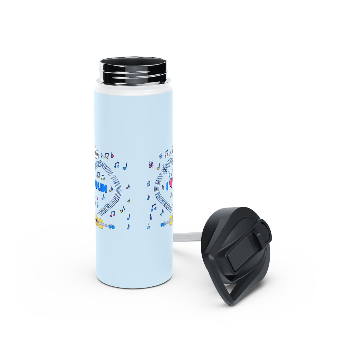Music-themed Stainless Steel Water Bottle, Standard Lid: 'I love violin' - blue