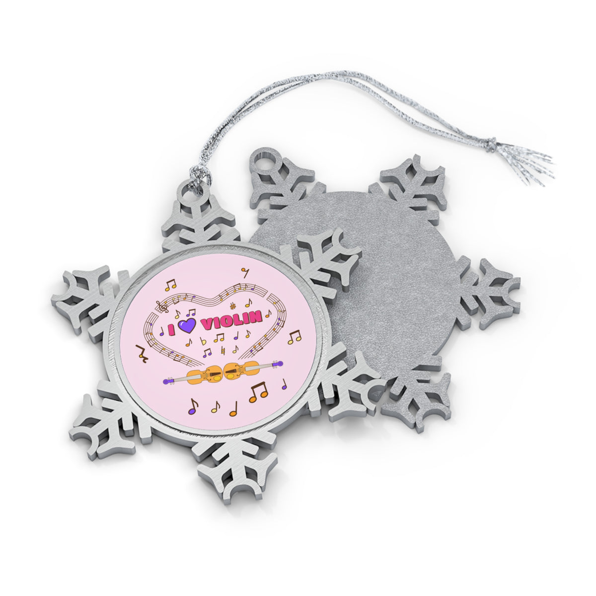 Music-themed Pewter Snowflake Ornament: 'I love violin' - pink