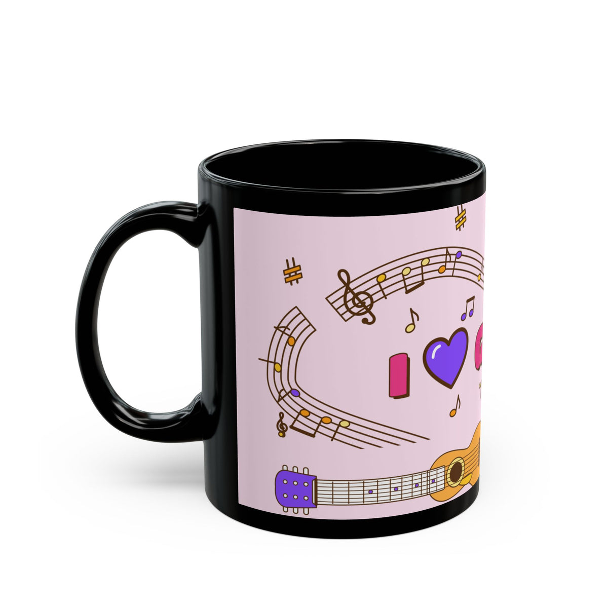 Music-themed Black Mug (11oz, 15oz): 'I love guitar' - pink