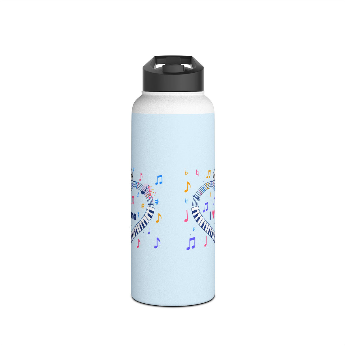 Music-themed Stainless Steel Water Bottle, Standard Lid: 'I love piano' heart - blue