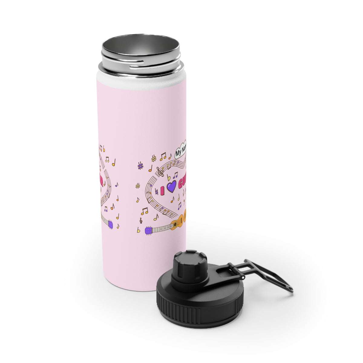 Music-themed Stainless Steel Water Bottle, Sports Lid: 'I love guitar' - pink