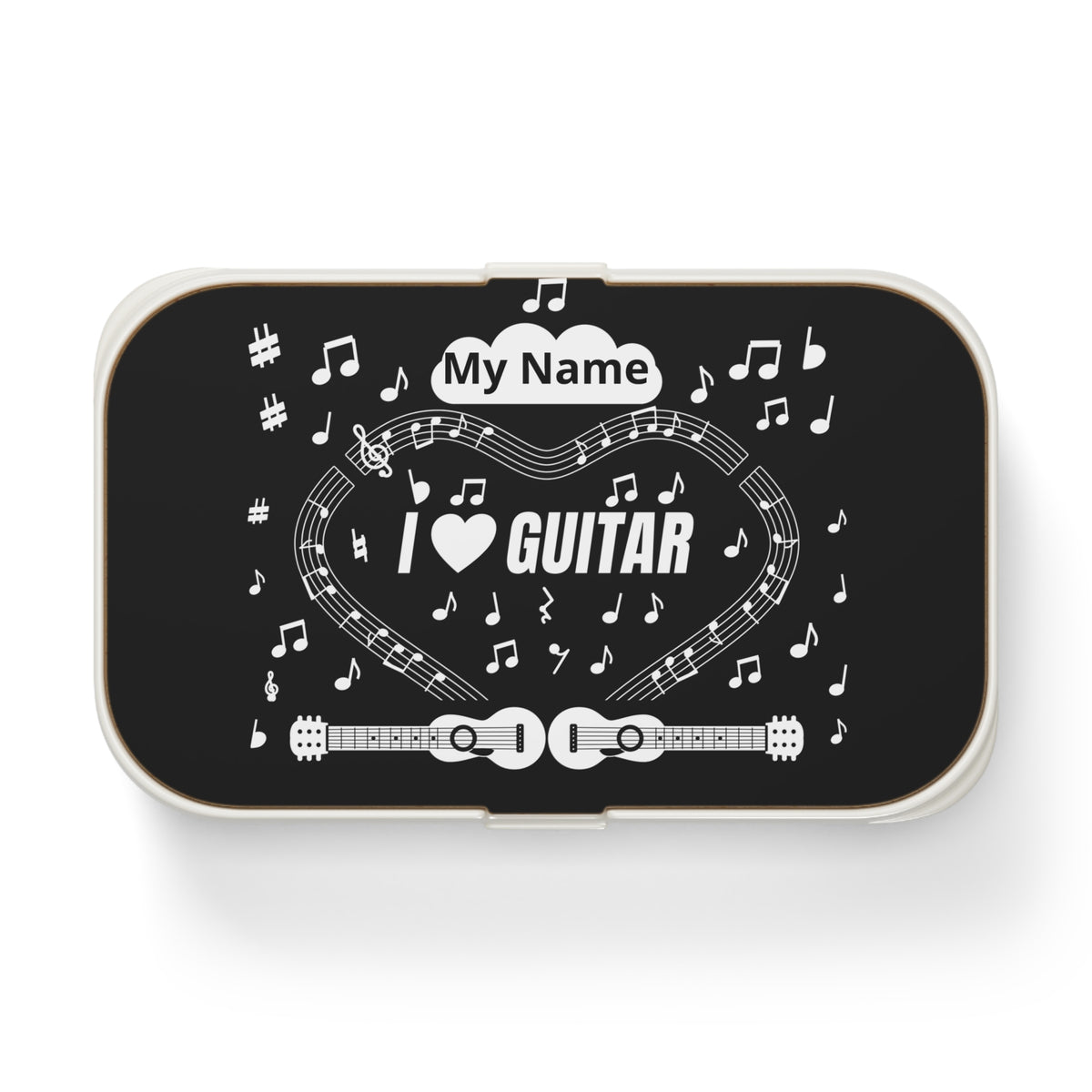 Music-themed Bento Lunch Box: 'I love guitar' - black & white