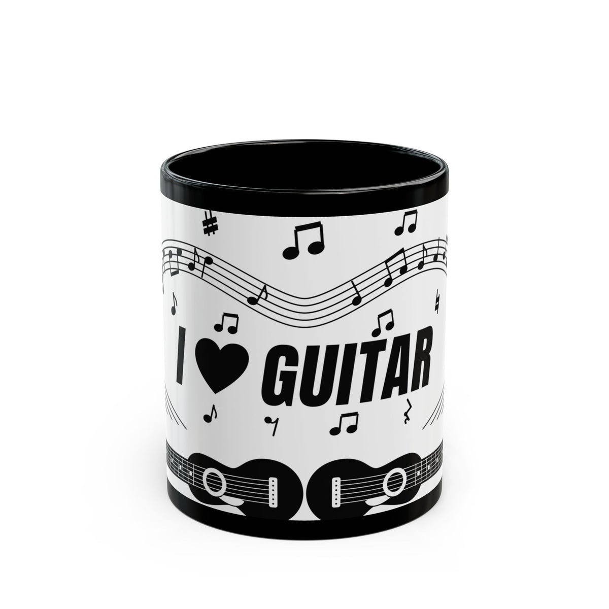 Music-themed Black Mug (11oz, 15oz): 'I love guitar' - black on white