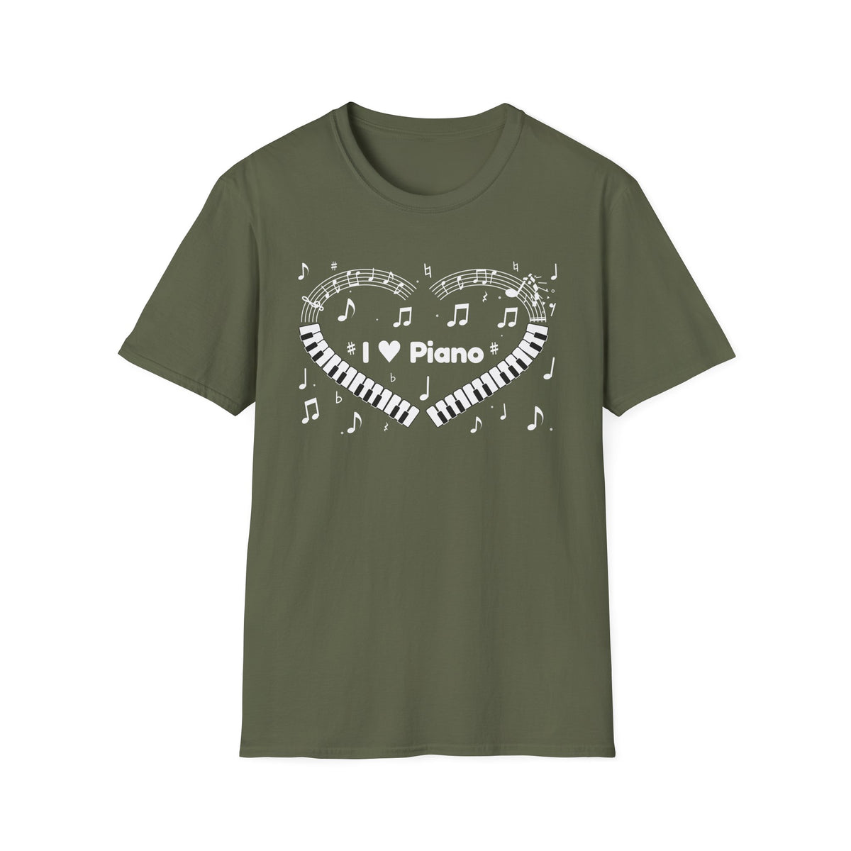 Music-themed Unisex Softstyle T-Shirt: 'I love piano' heart - black & white