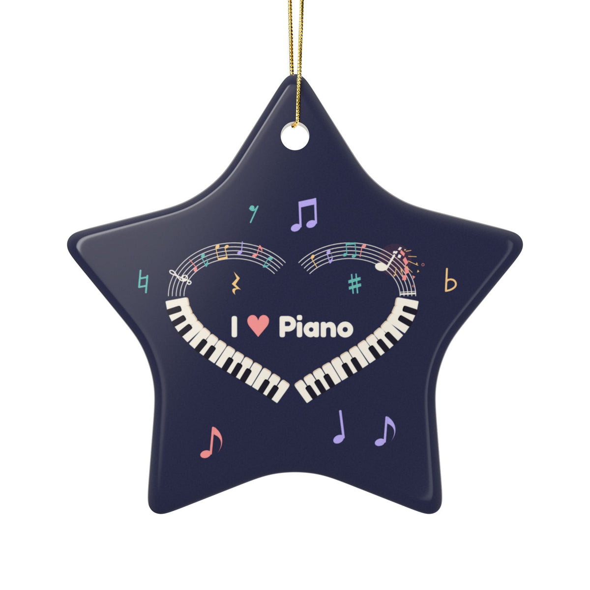 Music-themed Ceramic Ornaments, 2-Side Print: 'I love piano' heart - navy