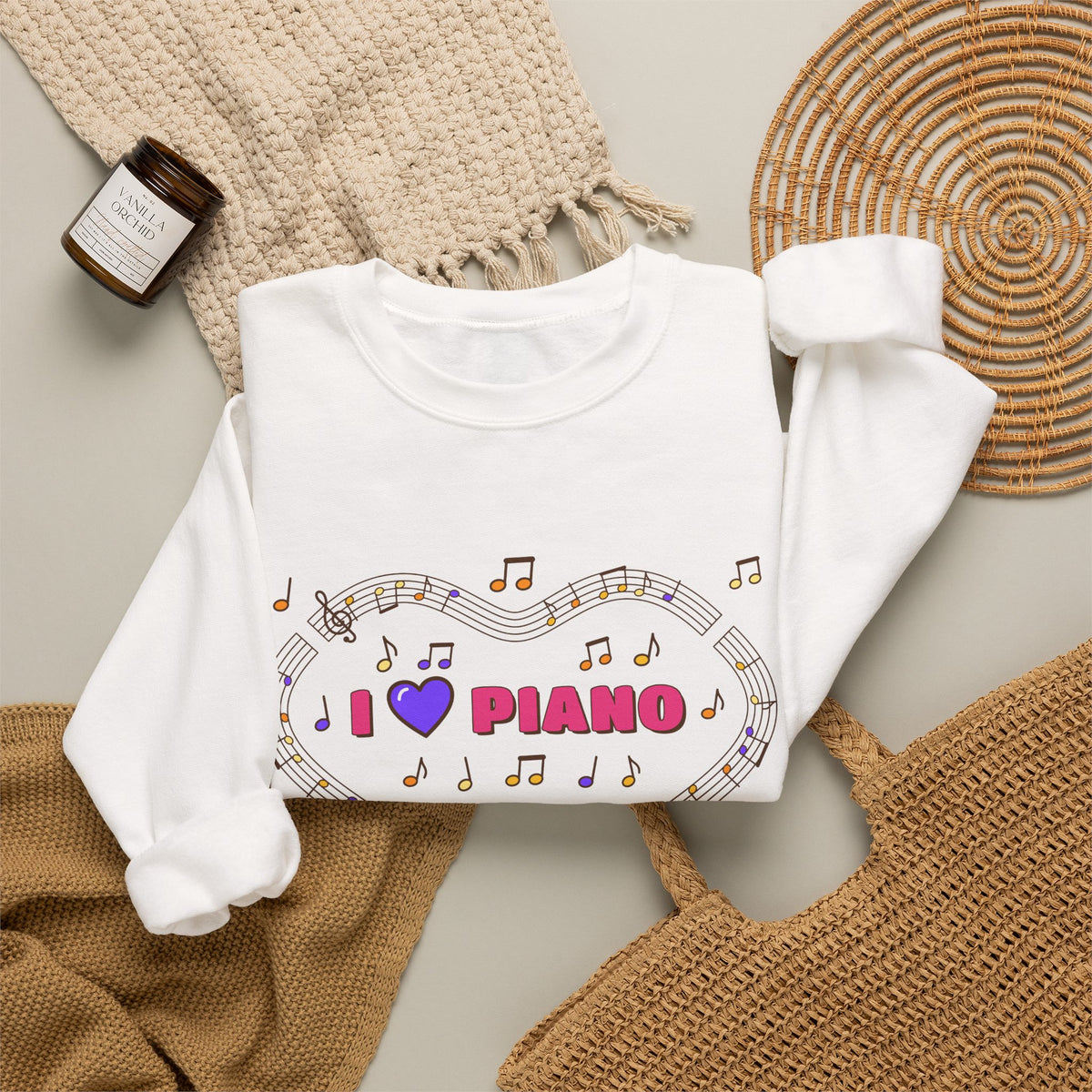 Music-themed Unisex Heavy Blend Crewneck Sweatshirt: 'I love piano' - pink