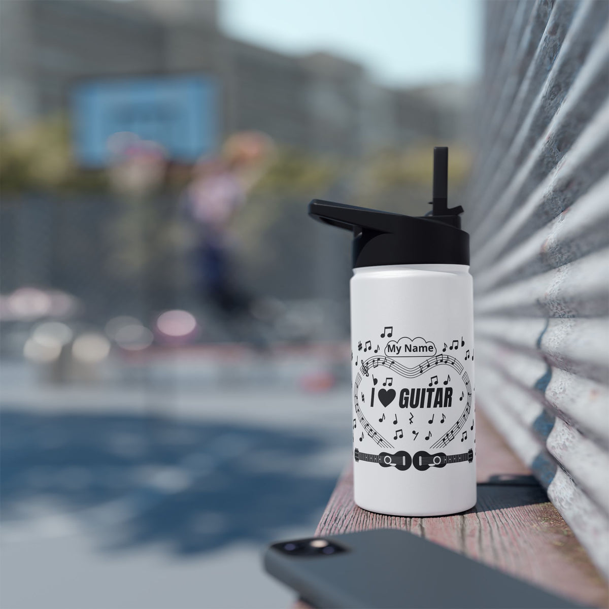Music-themed Stainless Steel Water Bottle, Standard Lid: 'I love guitar' - black on white