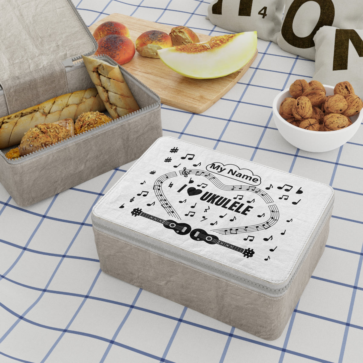 Music-themed Paper Lunch Bag: 'I love ukulele' - black on white