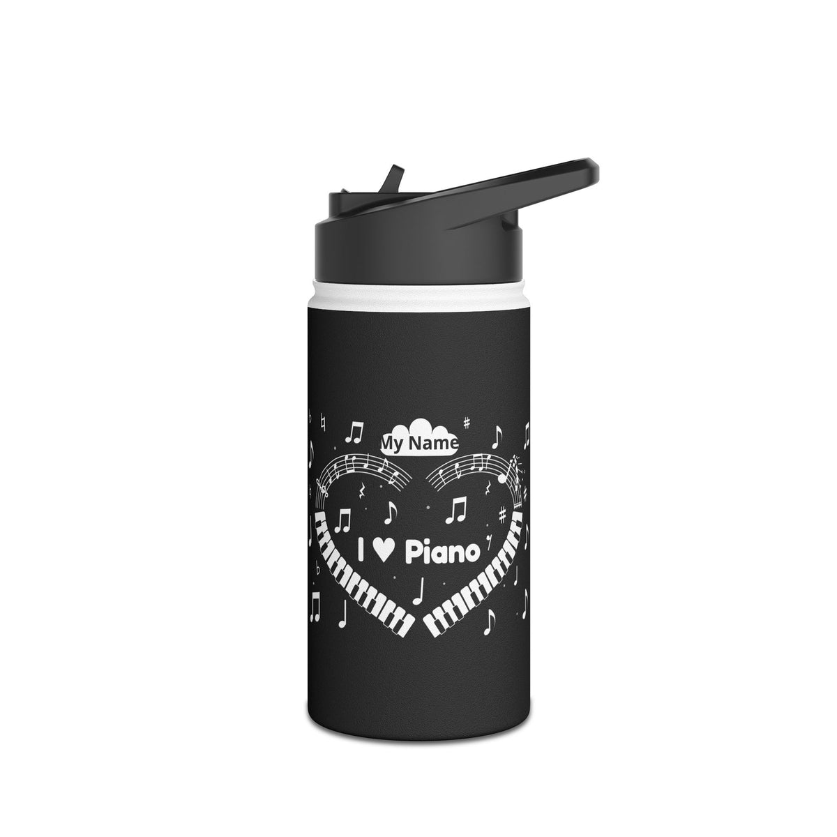Music-themed Stainless Steel Water Bottle, Standard Lid: 'I love piano' heart - black & white